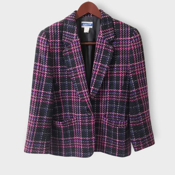 Vtg Pendleton 100% Virgin Wool Plaid Blazer Jacket Purple Black Sz 10 Preppy - Picture 1 of 11